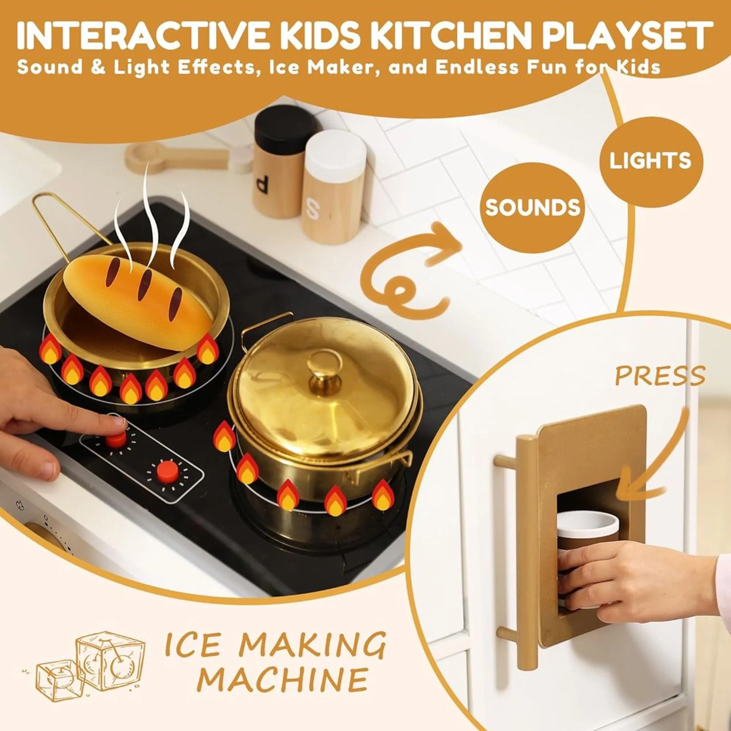 Wooden Kitchen Kids Interactive Pretend Play Set - toddler-sized durable (5551007-W10C923)