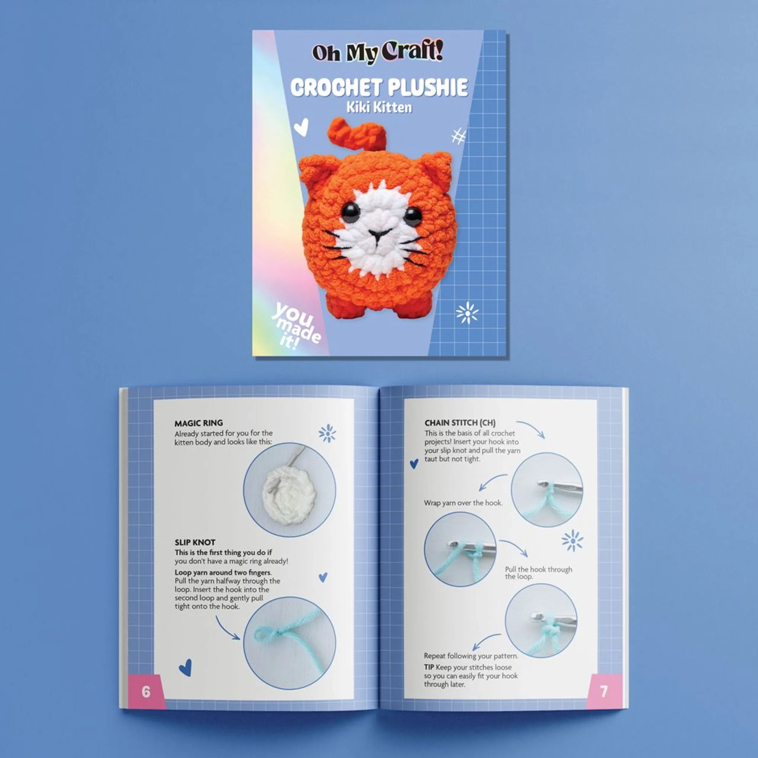 Oh My Craft! Crochet Plushie Craft Kit - Kiki Kitten - 16-page guidebook Chenille yarn