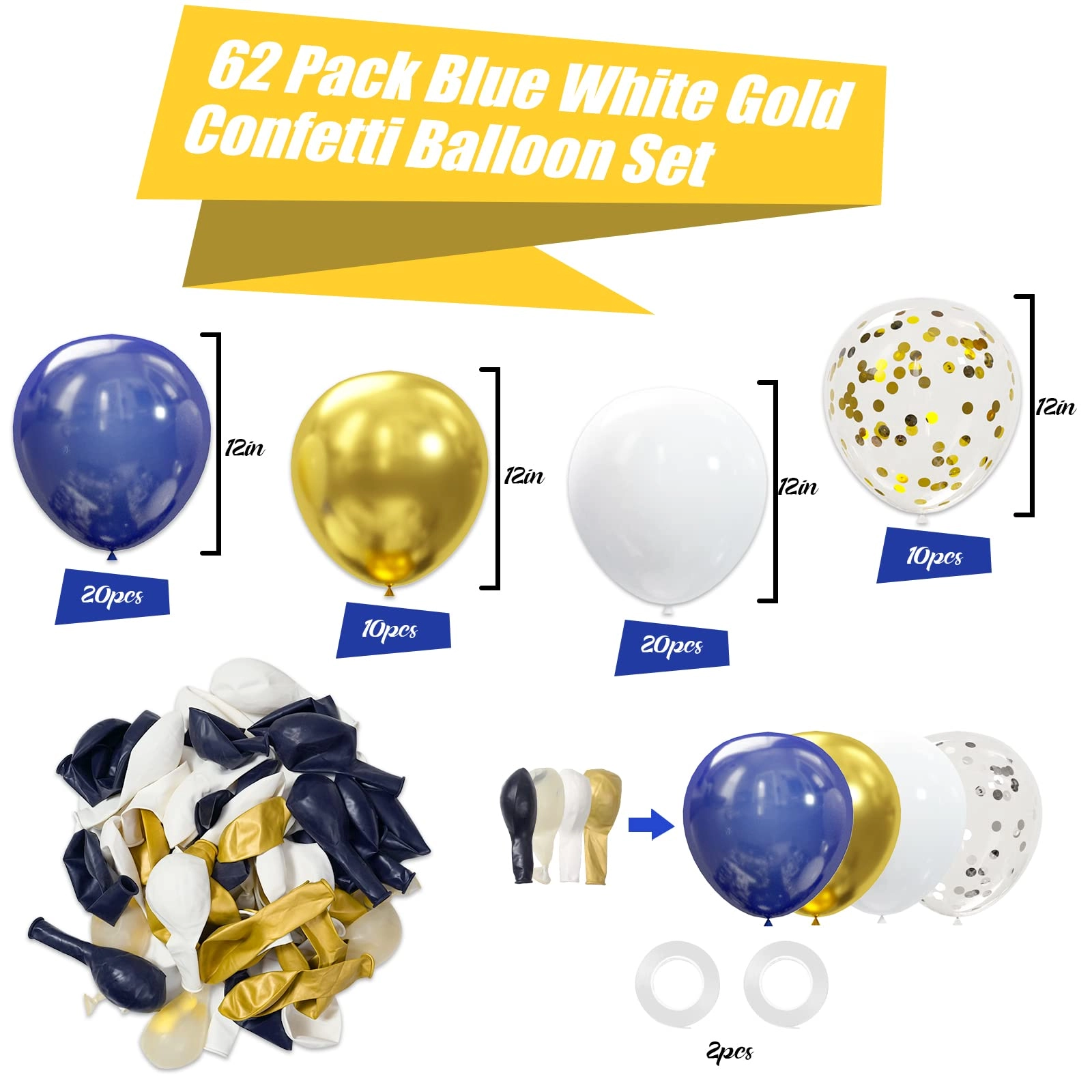 Gold Navy Blue Balloons Kit - 62pcs Anniversary Baby Shower Birthday Graduation Wedding
