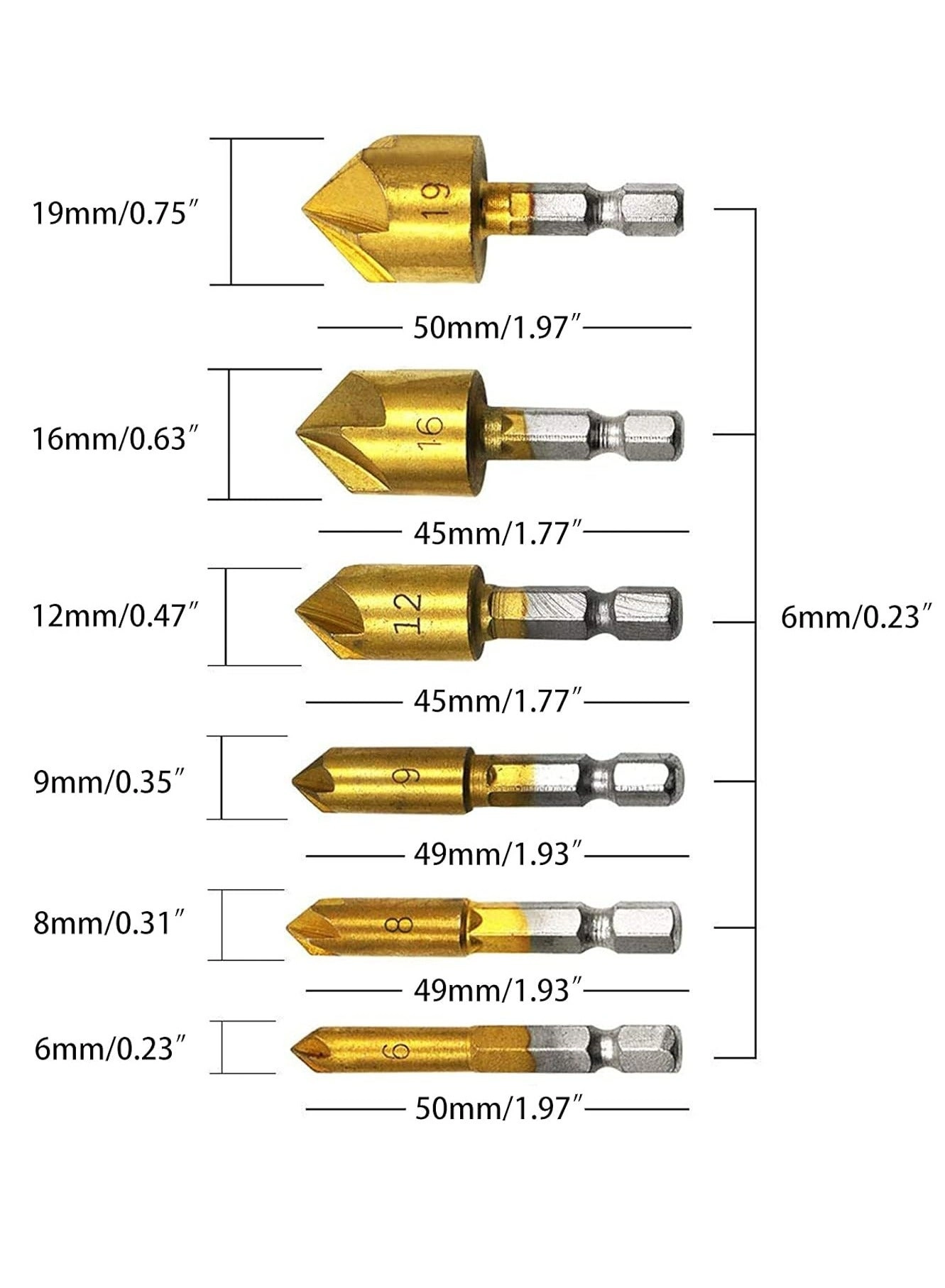 Countersink Drill Bit - HSS 6 Pcs 6mm(1/4'') 8mm(5/16'') 9mm(3/8'') 12mm(1/2'') 16mm(5/8'') 19mm(3/4'')