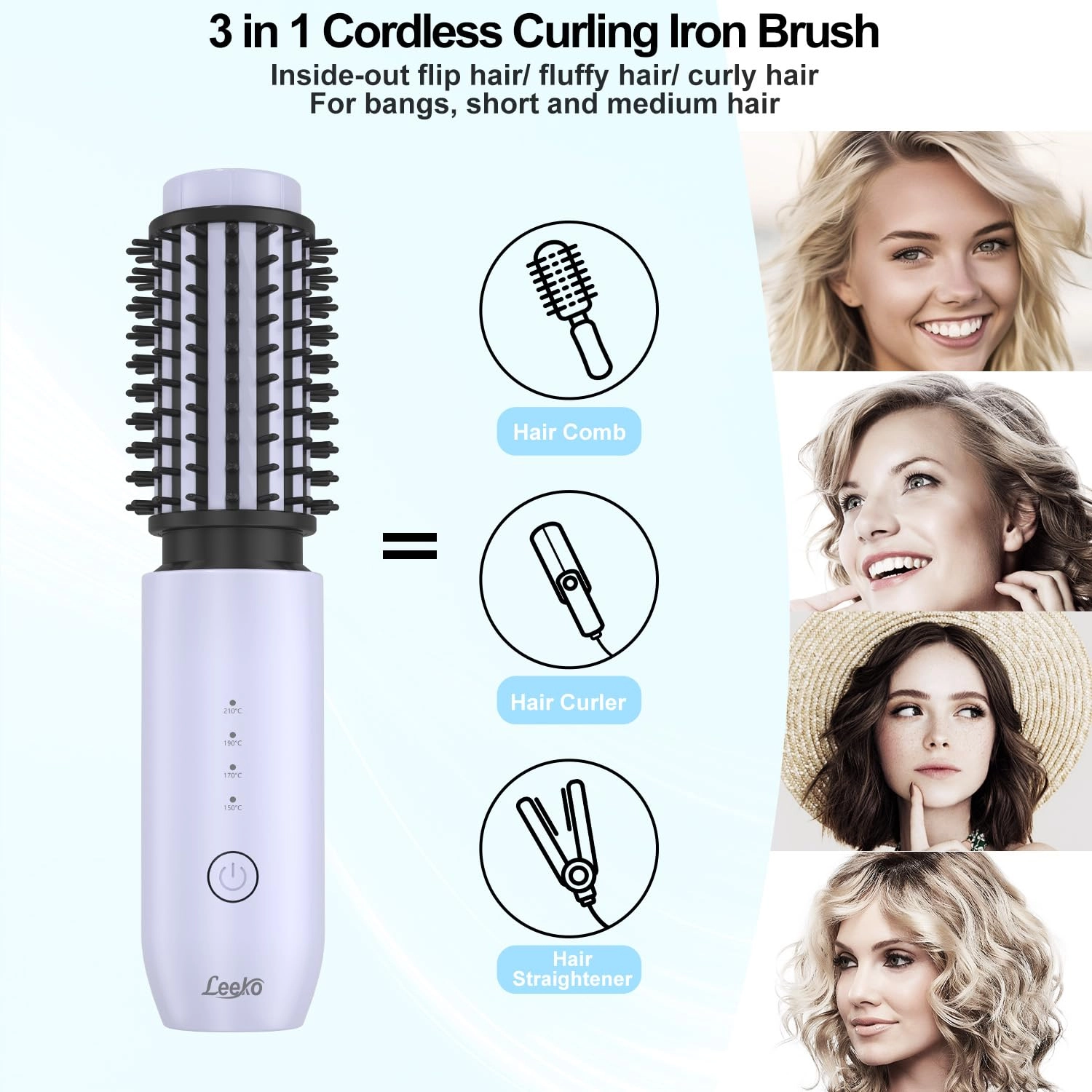 Cordless Hair Curling Brush - 7000 mAh 3 in 1 Purple