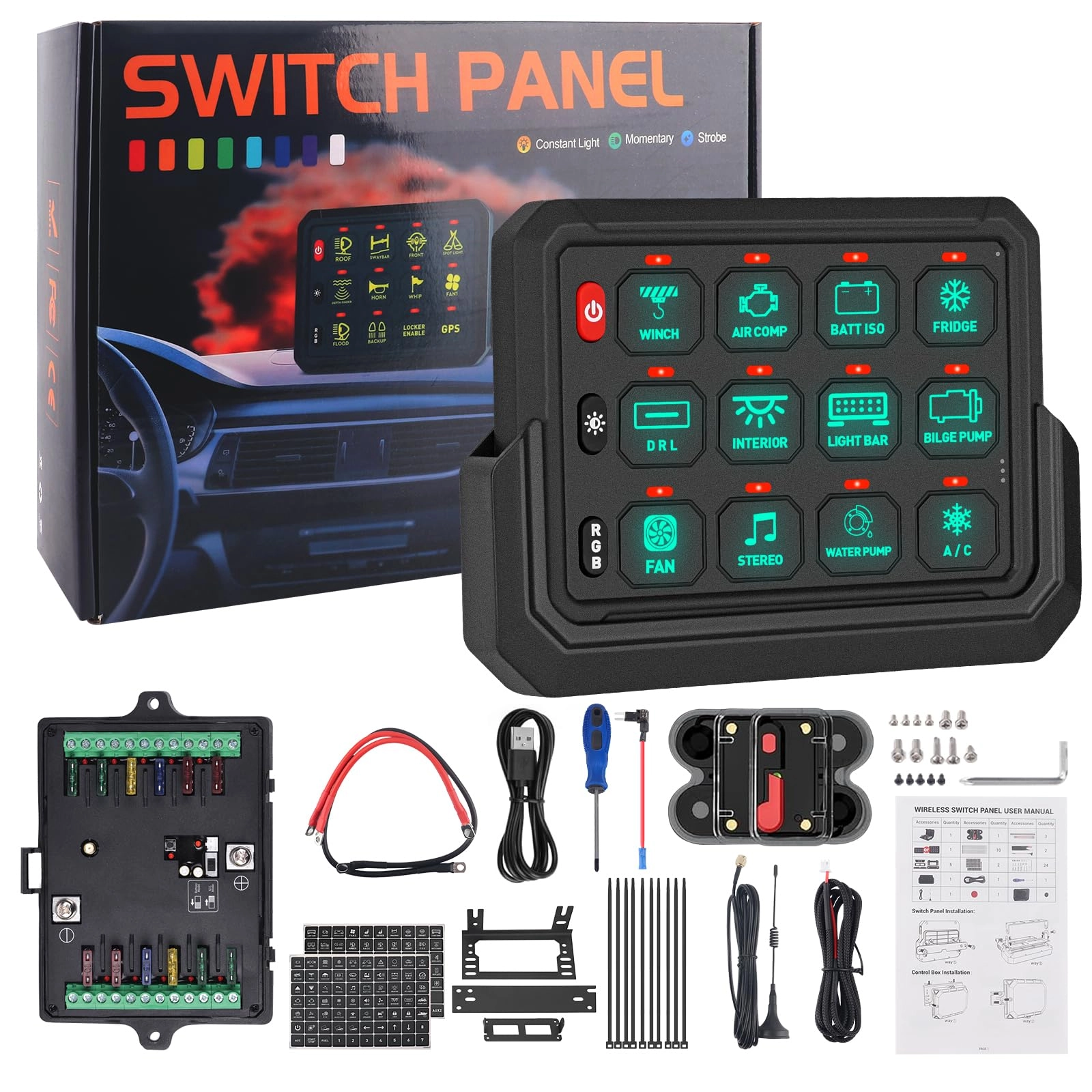 chelhead 12 Gang Switch Panel - Wireless 81M Rechargeable RGB Waterproof