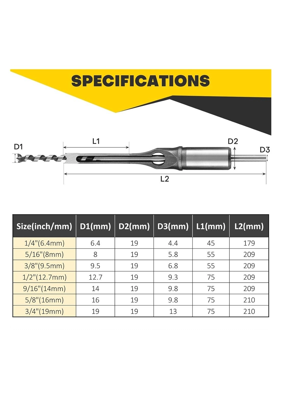 Square Hole Drill Bit Set - 1/4” 5/16“ 3/8" 1/2" 9/16" 5/8" 3/4" 7 Pack