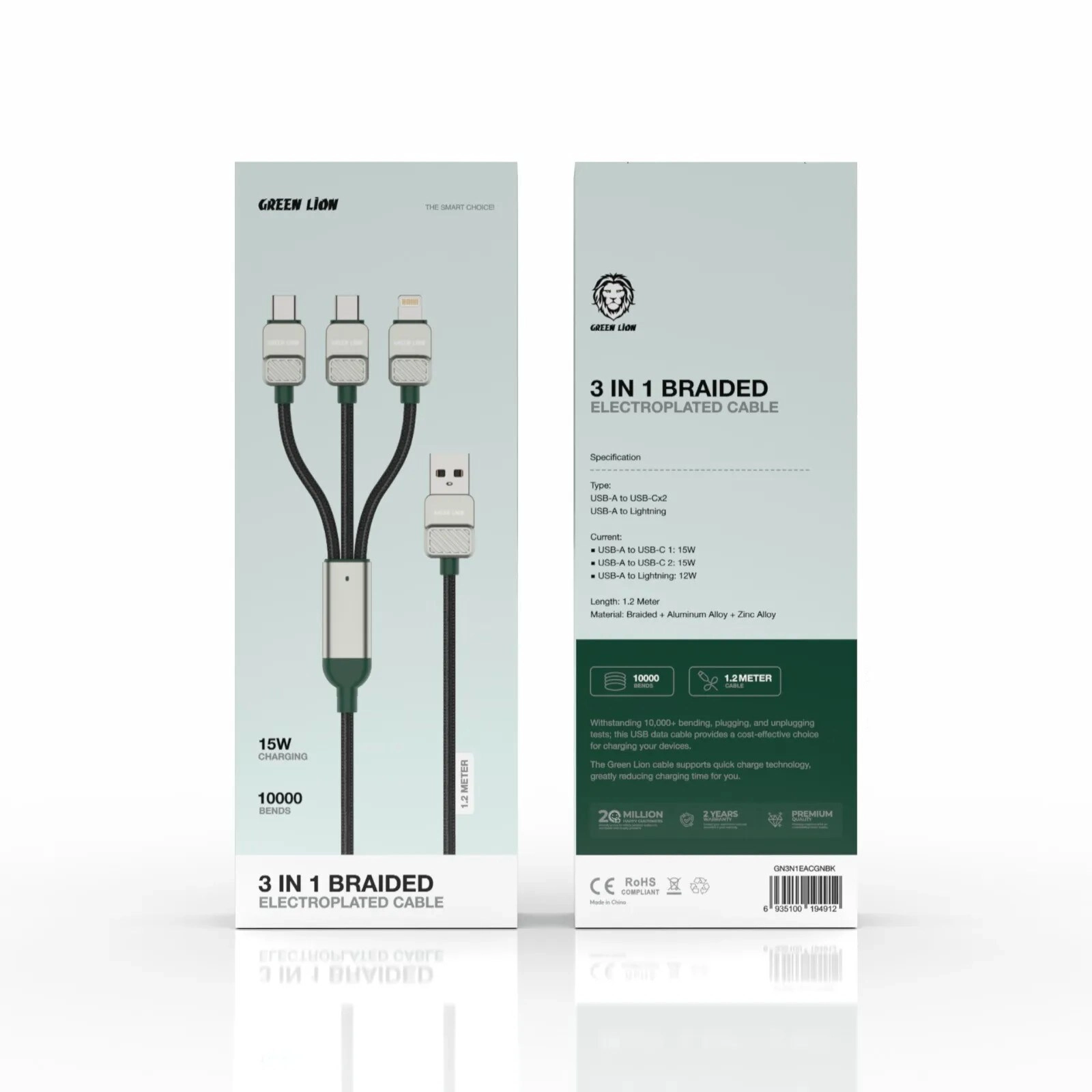 3-in-1 Cable 60W USB-A to USB-C 1.2m Braided