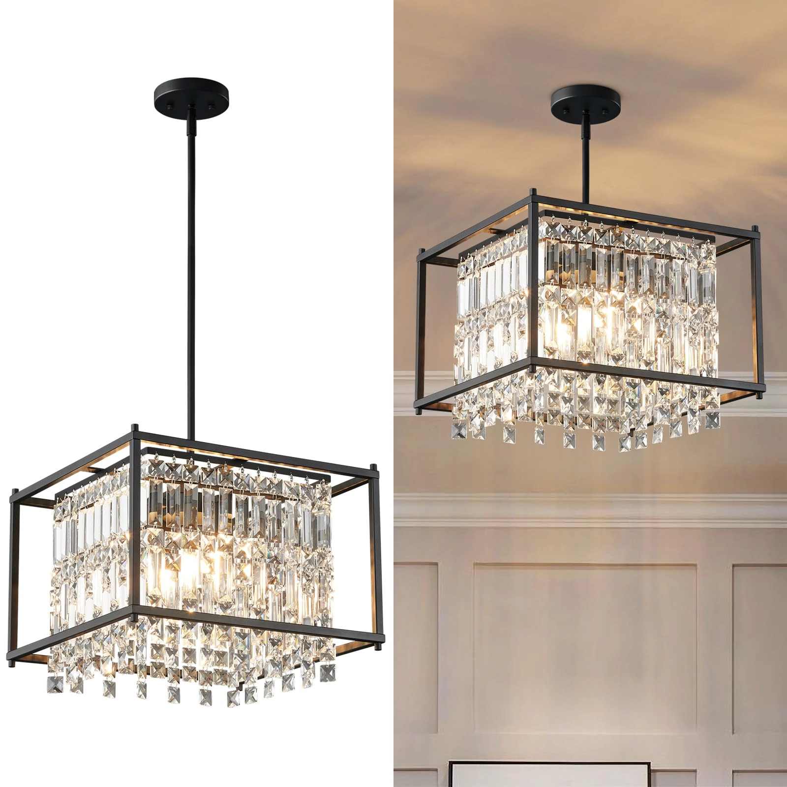 LMQNINE 4 Lights Metal Crystal Chandelier - Dimmable
