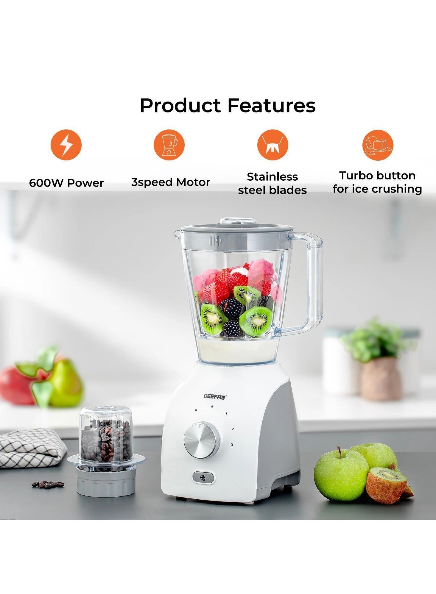 Dual-Purpose Food Jug Blender - 2-in-1 Multifunction 6 Stainless Steel Blades Includes Coffee/Spice Mill