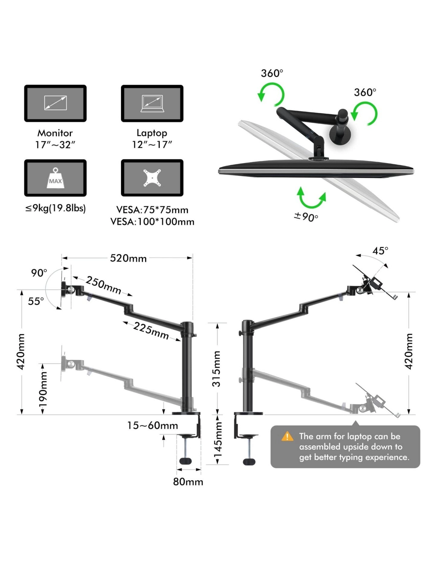 Laptop Monitor Mount - Dual Arm 17 to 32 Inch 100x100mm / 75x75mm
