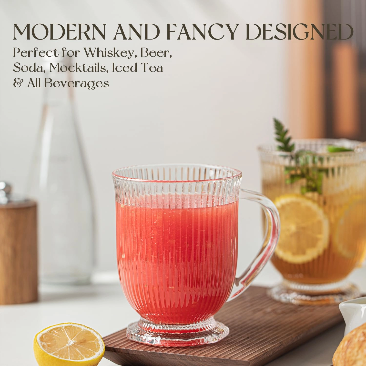 Ribbed Glass Tumbler - 4 pcs Handle 480 ml