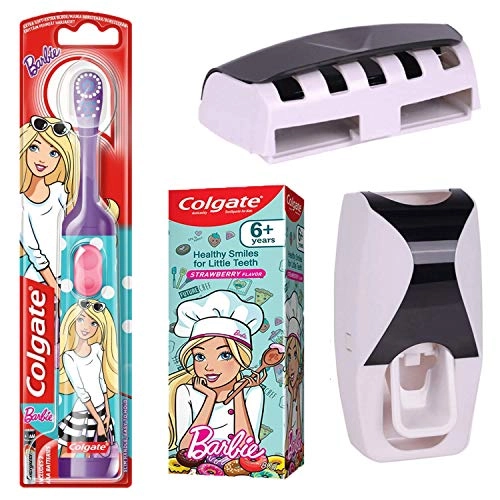 Barbie Extra Soft Electric Toothbrush - Battery Powered 3+ Years + Barbie Anticavity Toothpaste - 80g + Automatic Hands-Free Wall Mounted Toothpaste Dispenser - 5 Hole Toothbrush Holder