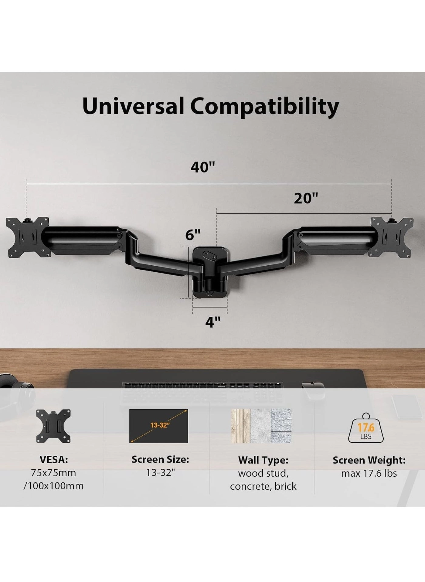 Dual Monitor Wall Mount - 2 32inch 100x100mm