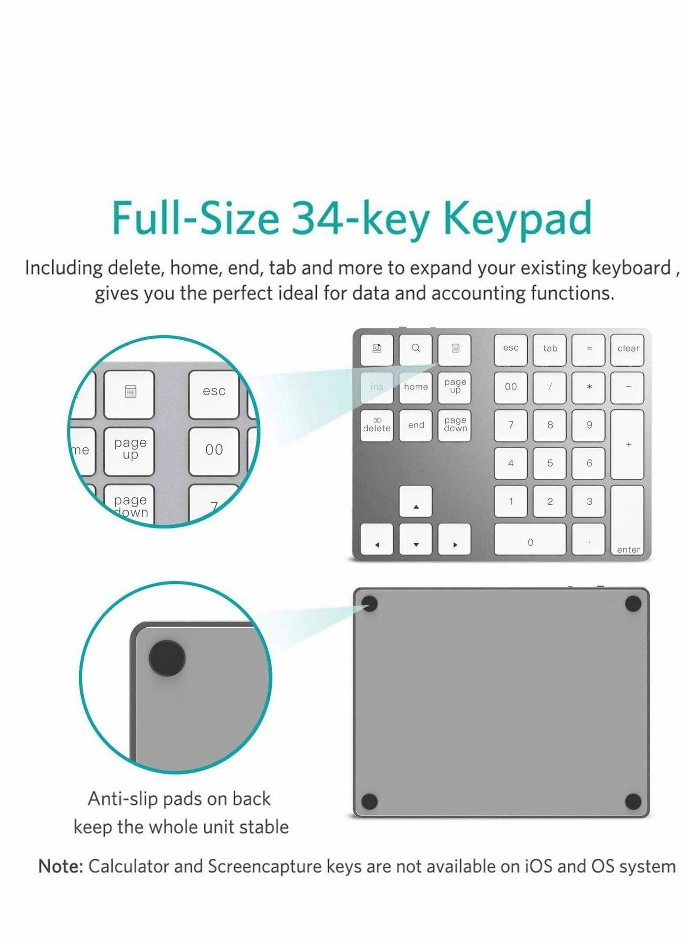 Bluetooth Number Pad - 34-Keys Rechargeable Bluetooth 3.0