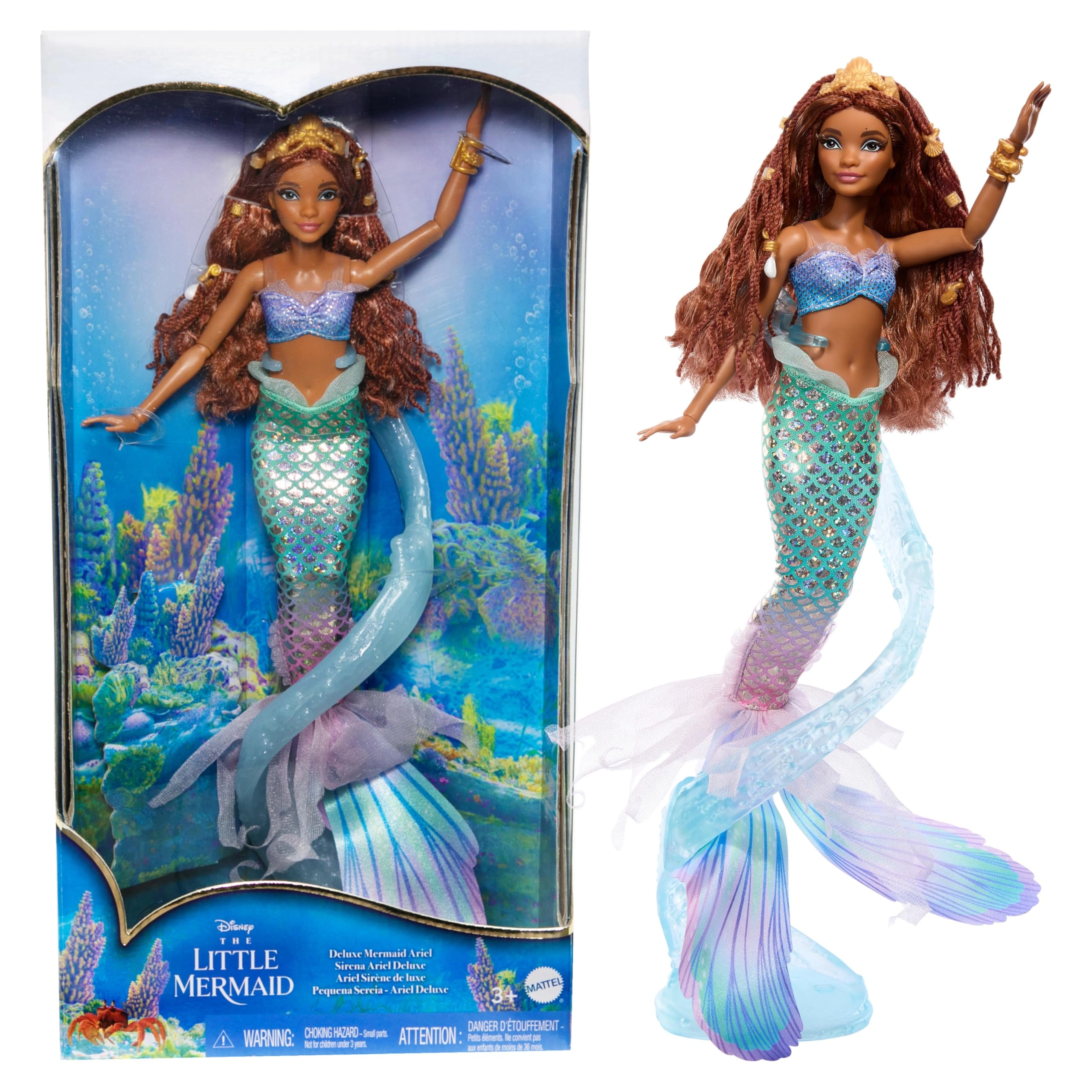 Mattel Ariel Doll - Deluxe Mermaid Iridescent Tail Hair Jewelry Beads Ages 6+