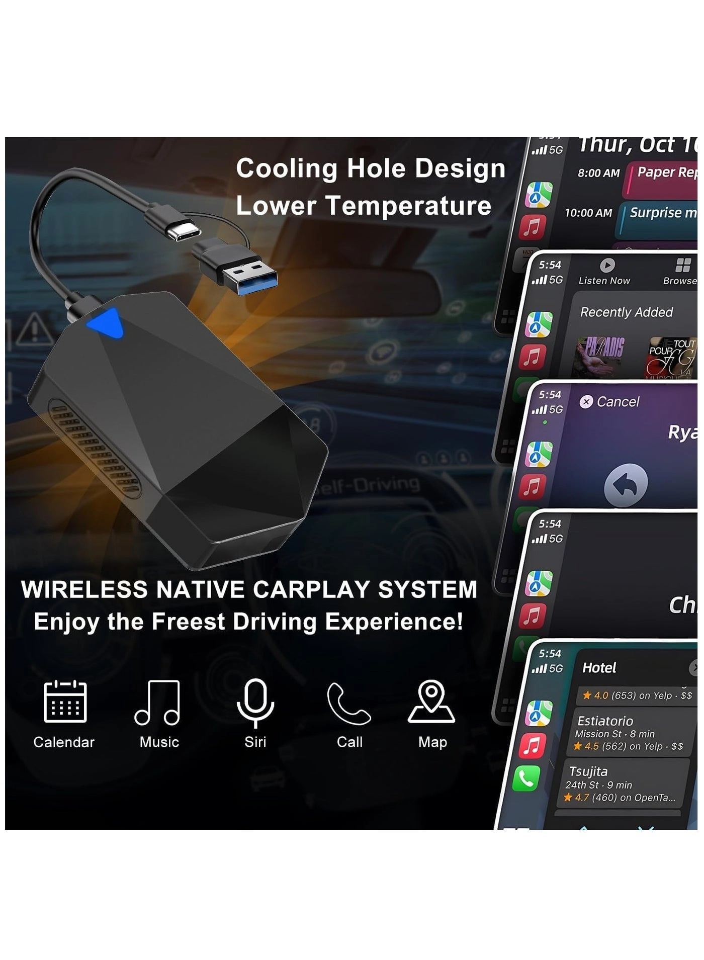 Wireless Carplay Adapter & Android Auto Adapter - 2 in-1 Plug & Play Bluetooth