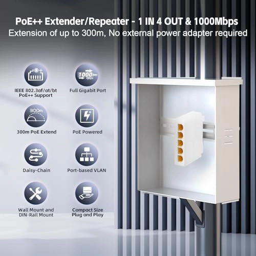 5 Port PoE Extender - 44-57 Vdc 90W/60W/30W 4 PoE out