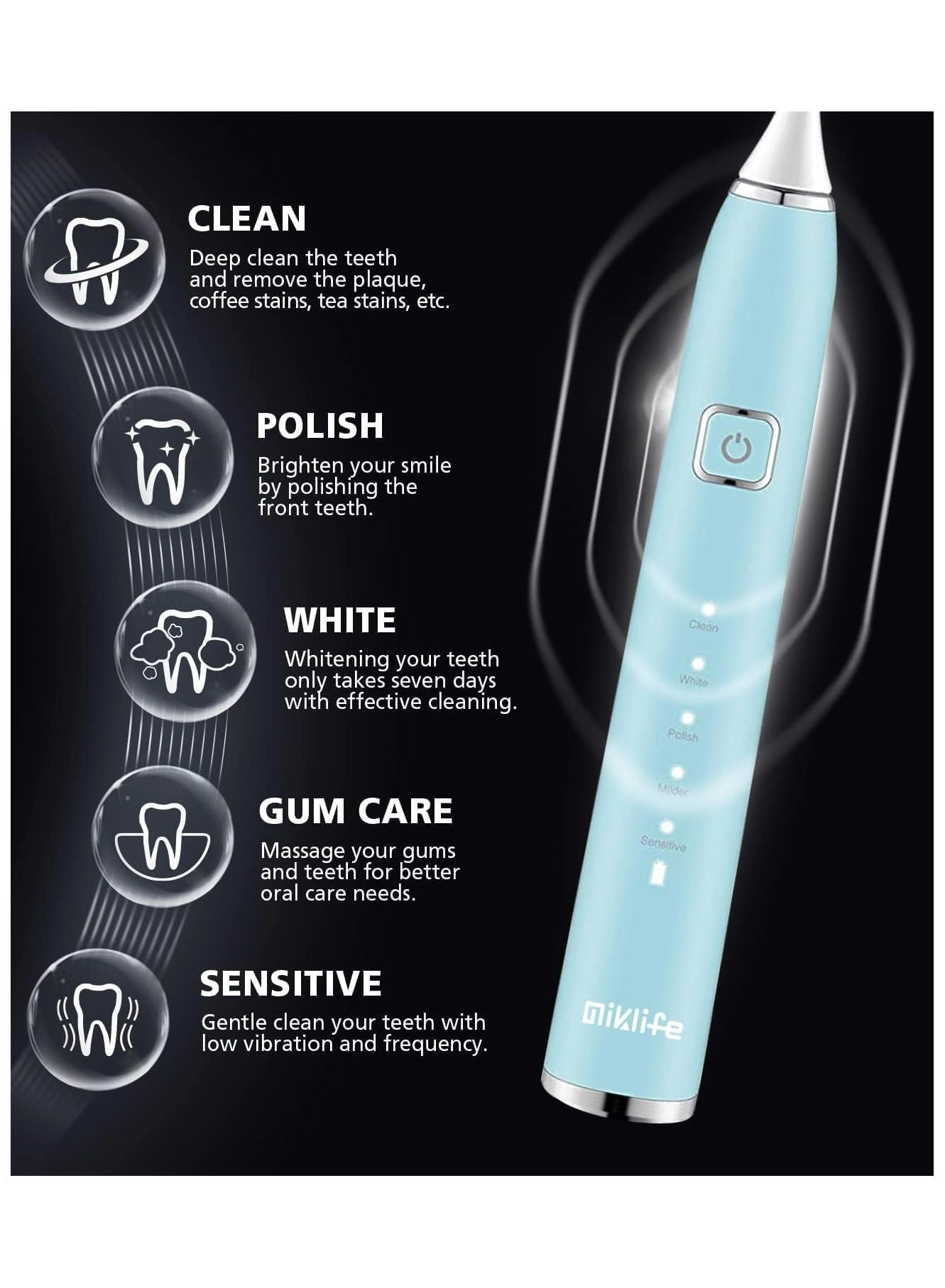 Sonic Electric Toothbrush - 5 Modes 3 Brush Heads