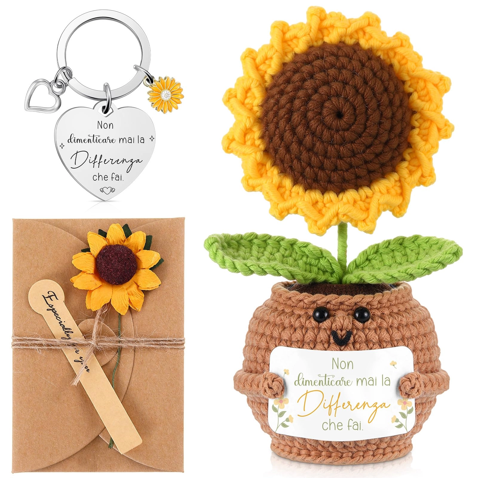 Otuuz Sunflower Doll - knitted 15 x 5 cm + Keyring - stainless steel + Envelope with Dried Flowers