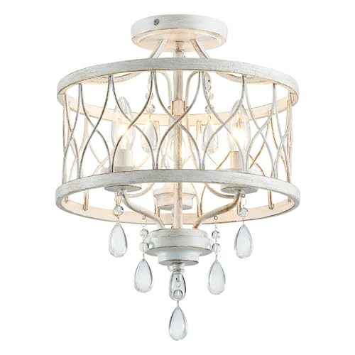 Crystal Ceiling Light Fixture - 3-Light Semi Flush Mount White