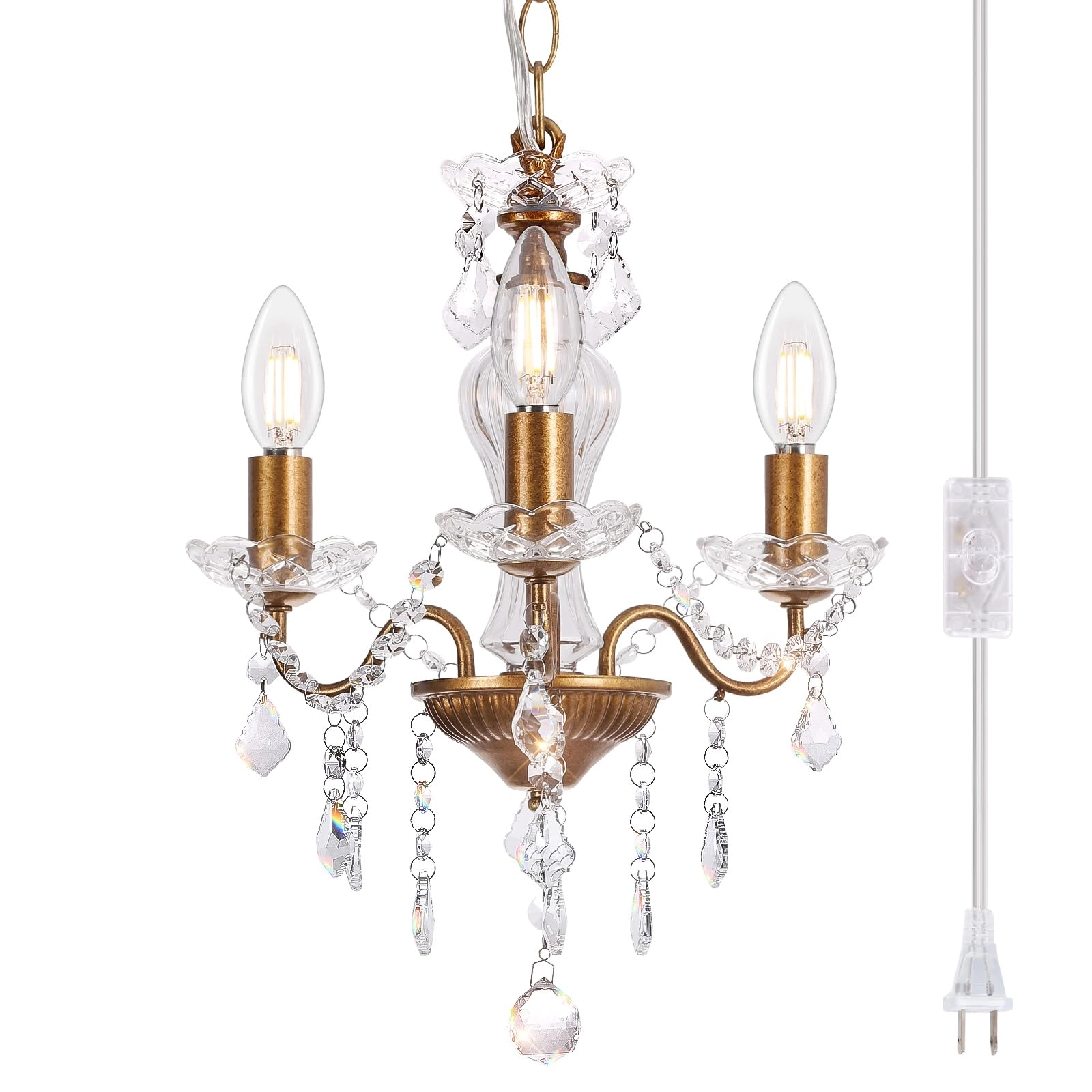 Plug in Modern 3-Light Chandelier - Gold Glass Crystals