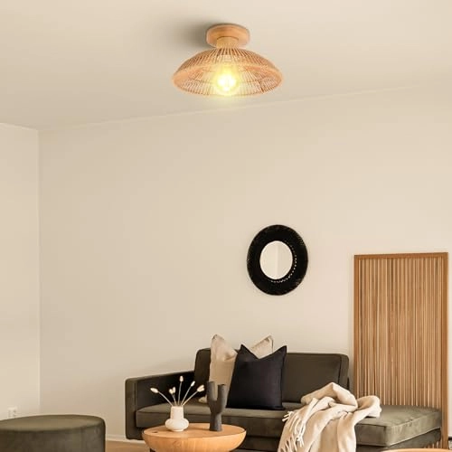 Retro Rattan and Wood Bohemian Design Ceiling Light