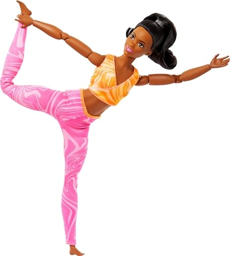 Barbie Made to Move Fashion Doll - Black Hair Yellow Sports Top Pink Yoga Pants 22 Bendable Joints