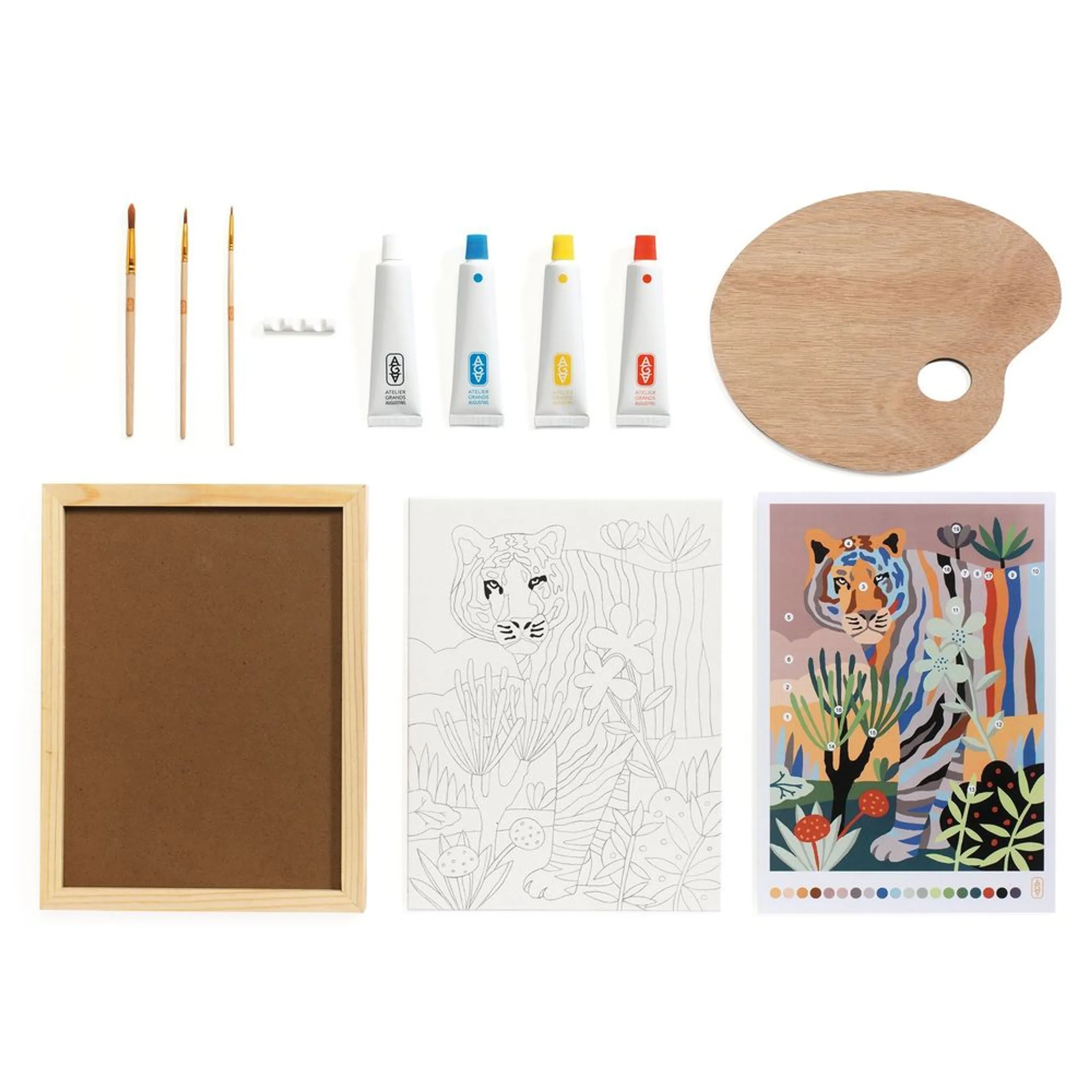 Atelier 22 - acrylic paints brushes wooden palette printed canvas frame