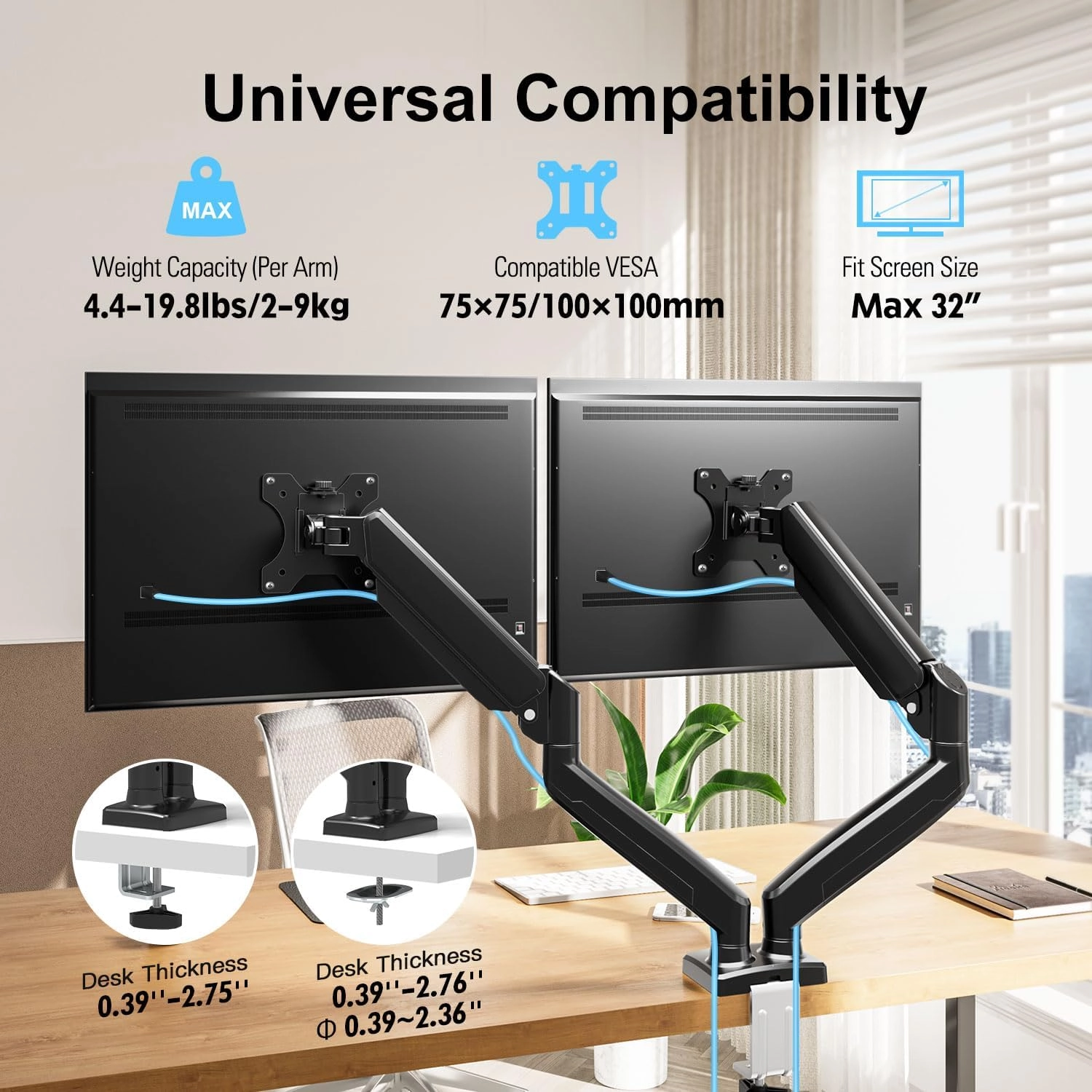H180B - Dual Arm 17" to 27" VESA 75x75 & 100x100