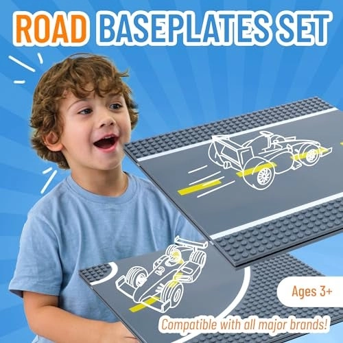 Road Baseplates - 4 Pack 10"x10" 32x32 pegs 2 Straight 2 Curved Compatible with LEGO