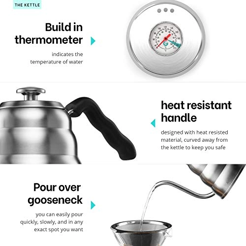 Gooseneck Kettle - Thermometer + Coffee Mill Grinder - Integrated Grinder + Paperless Glass Coffee Brewer