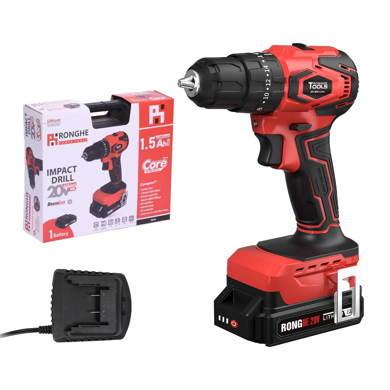 RONGHE TOOLS Brushless Cordless Drill - 20V 442 In-lbs