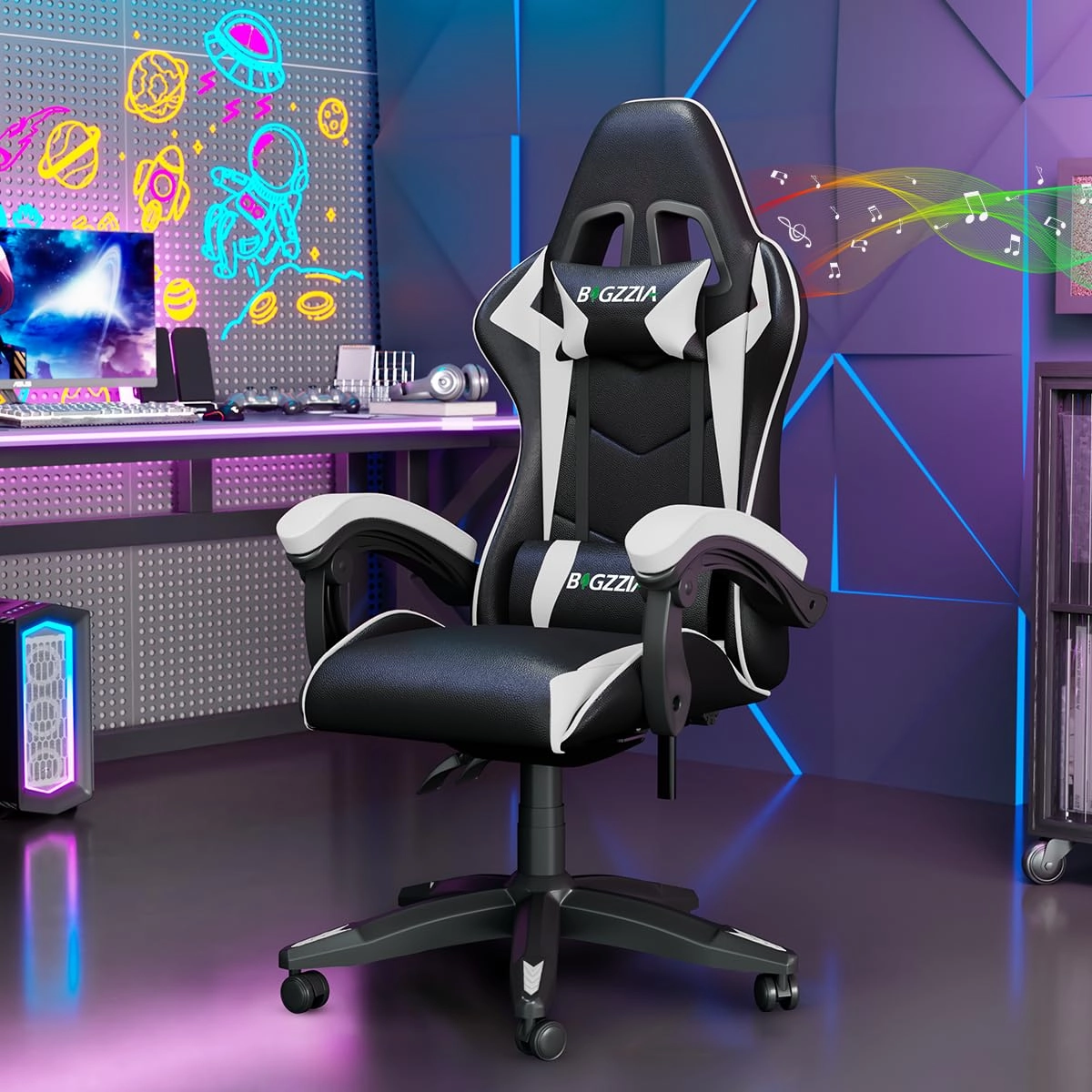 white LED gaming chair - RGB Reclining PU Leather