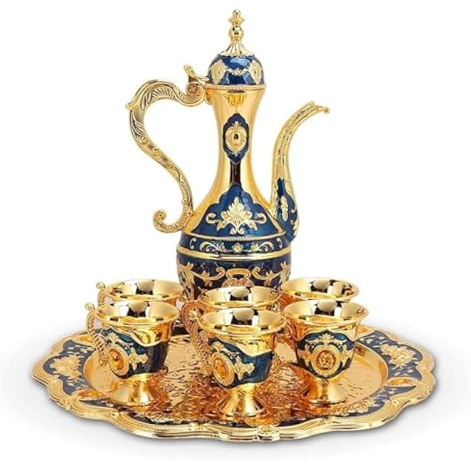 THE WHITE SHOP Turkish Tea Set + Turkish Teapot Set + Turkish Coffee Pot + Coffee Cup + Tea Tray + Turkish Flagon - Zinc Alloy + Shot Glasses Set