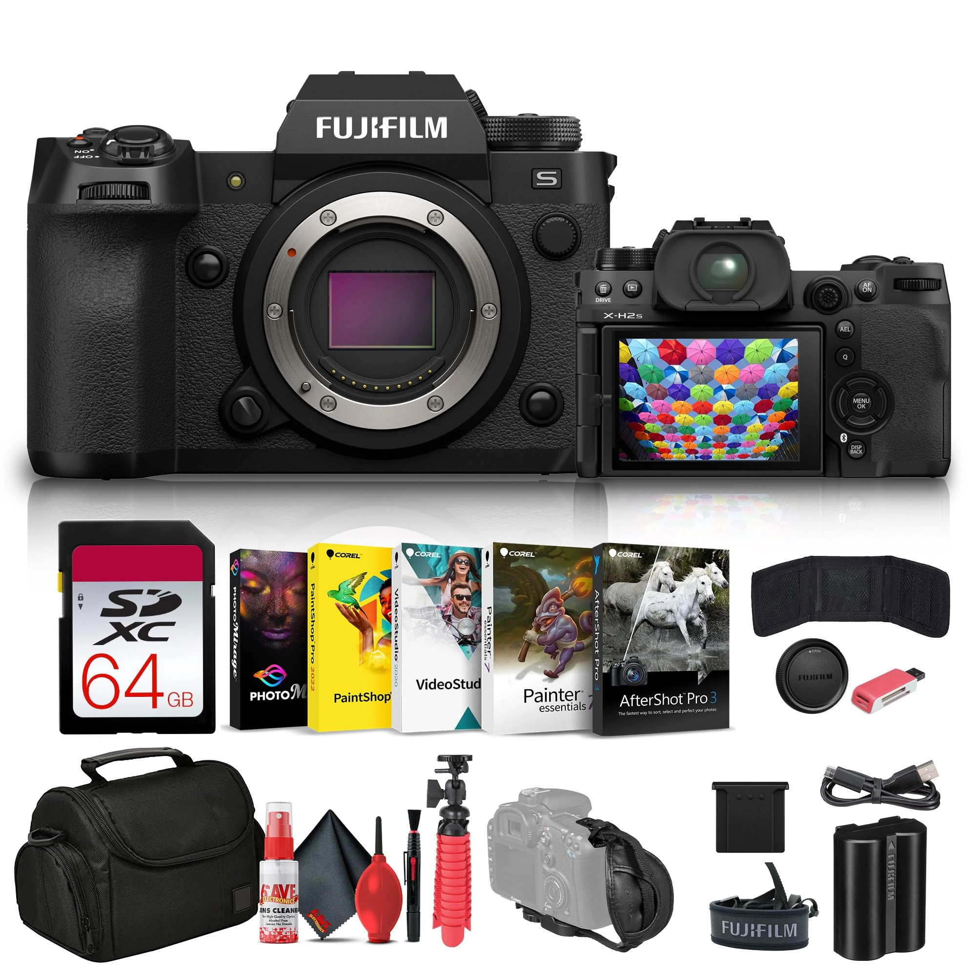 Fujifilm X-H2S + SF-M Tough Memory Card + Soft Bag + Memory Card Reader + Corel Photo Software + Flexible Tripod + Memory Card Wallet + Cleaning Kit + Hand Strap