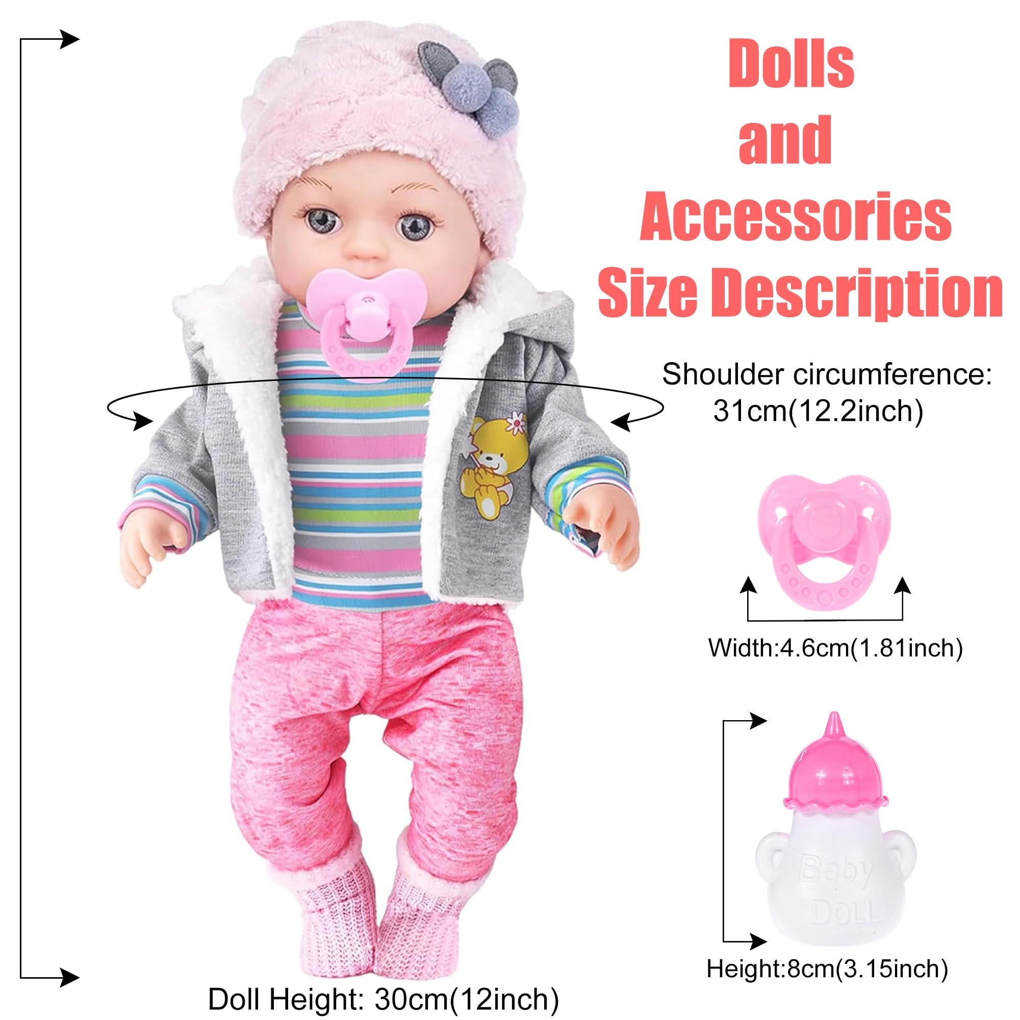 Realistic Baby Doll - 12 Inch Outfits Feeding Accessories Ages 3+
