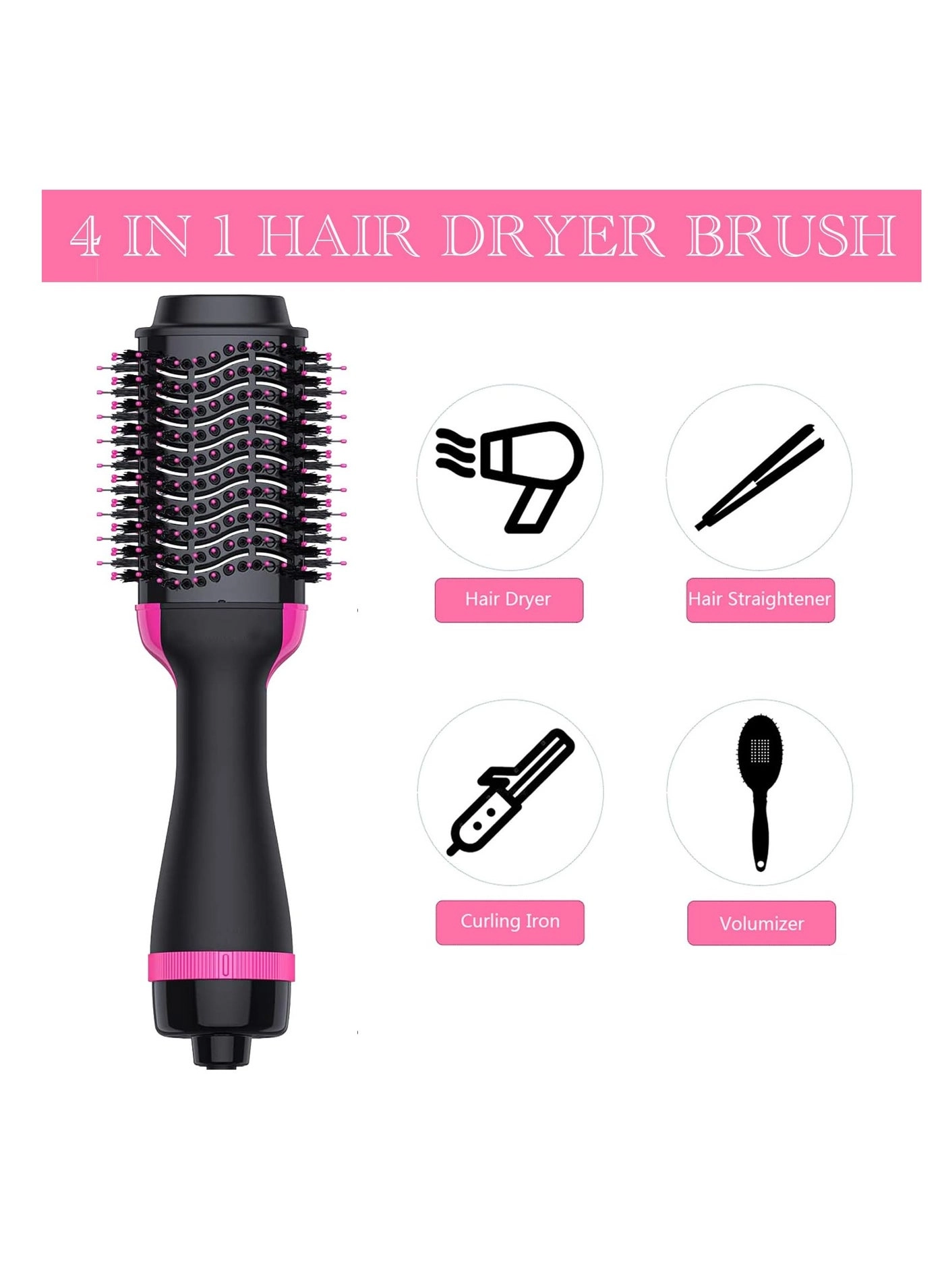 Hair Dryer Brush - 4 in 1 Negative Ion Pink