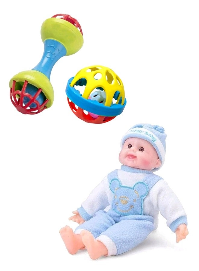 Manos Baby Doll - Blue Bear Overalls Rattle Ball Combo Pack