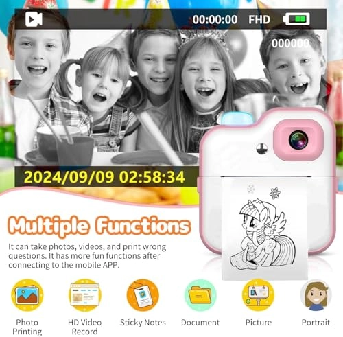 Kids Rechargeable Camera Instant Print - 1080P 2.4" LCD 32GB