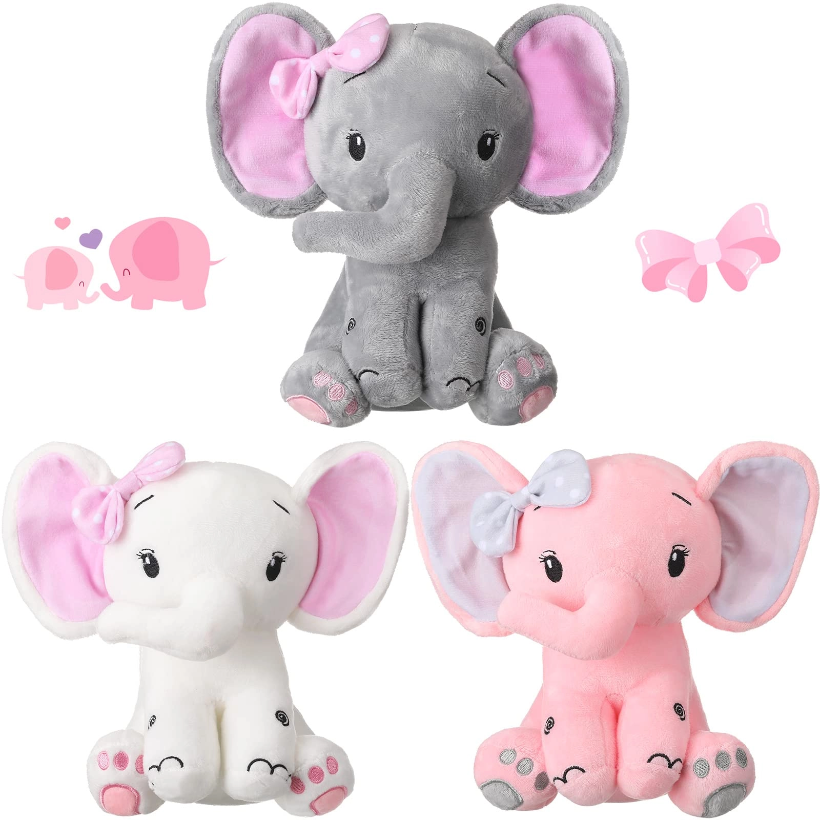Zomiboo Elephant Plush 20 cm - 3 Pack Gray Pink White