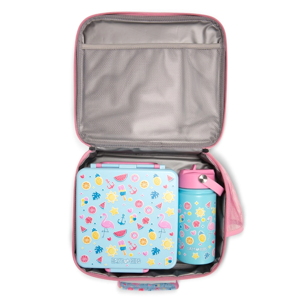 Jumbo Bento Lunch Box + Steel Water Bottle + Spoon & Fork Set + Insulated Lunch Bag + Ice Pack - Flamingo Pink 1100ml