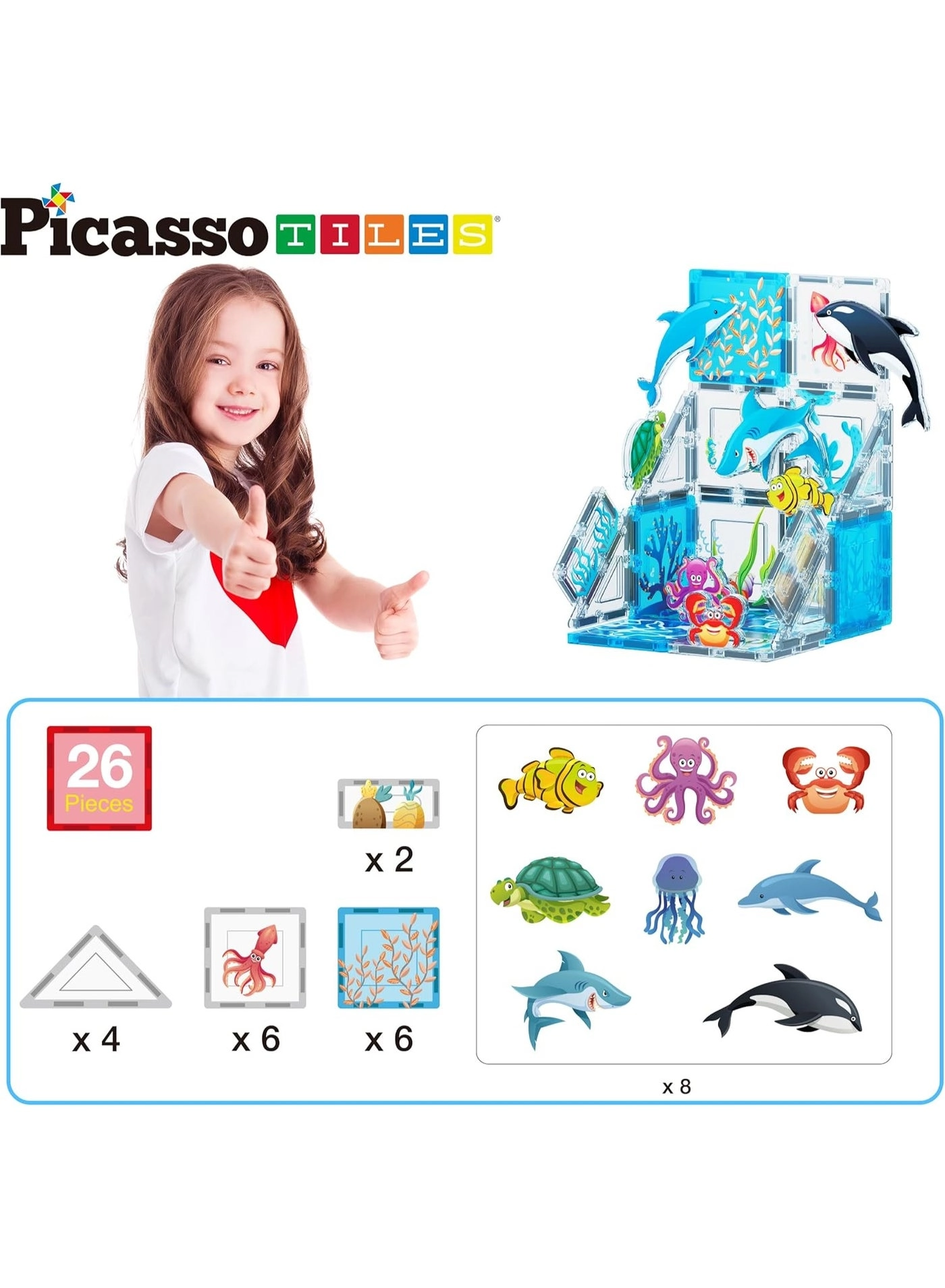 Magnet Tile Building Blocks - 8 Aquarium Character Action Figures Marine Animal World 26 pcs