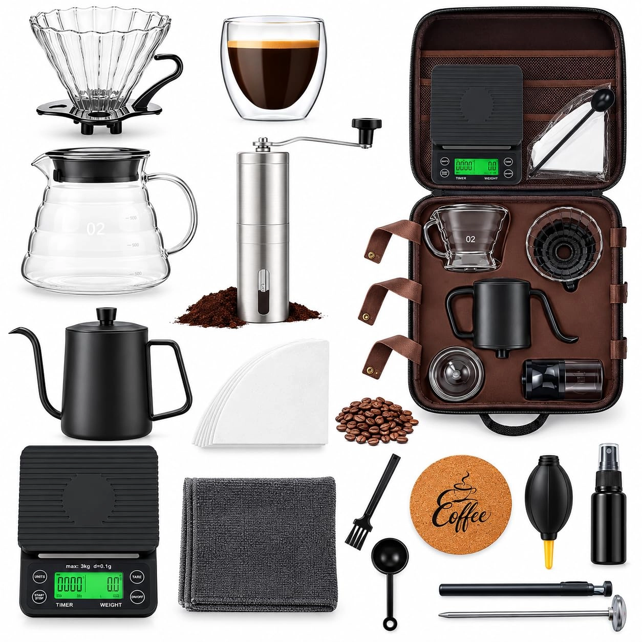VUITTOX V60 Dripper + Coffee Server + Manual Coffee Grinder + Gooseneck Kettle + Digital Scale + V02 Paper Filters + Glass Cup + Coffee Scoop + Cleaning Brush + Travel Case