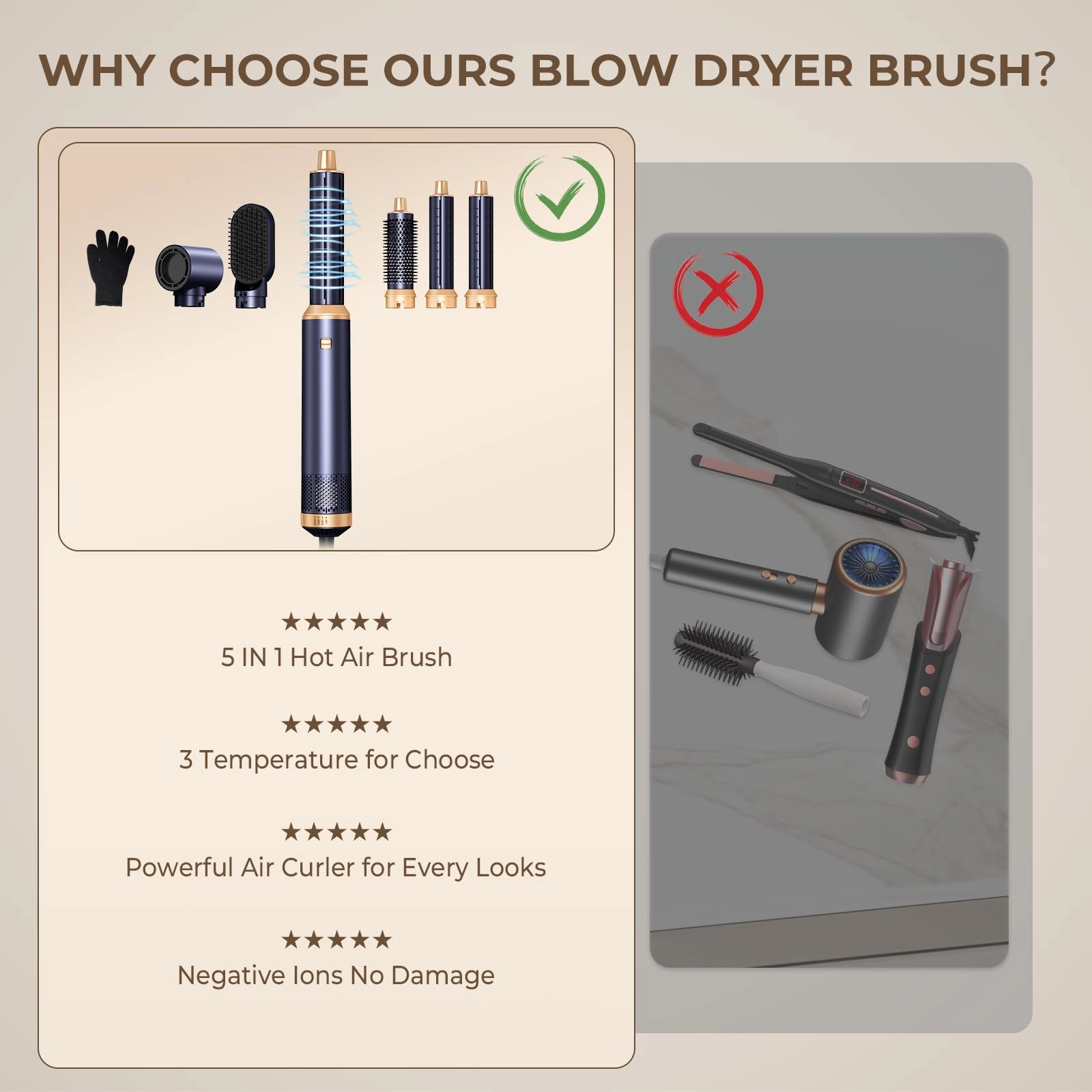 5 in 1 Blow Dryer Brush - Green Gold 800 watts