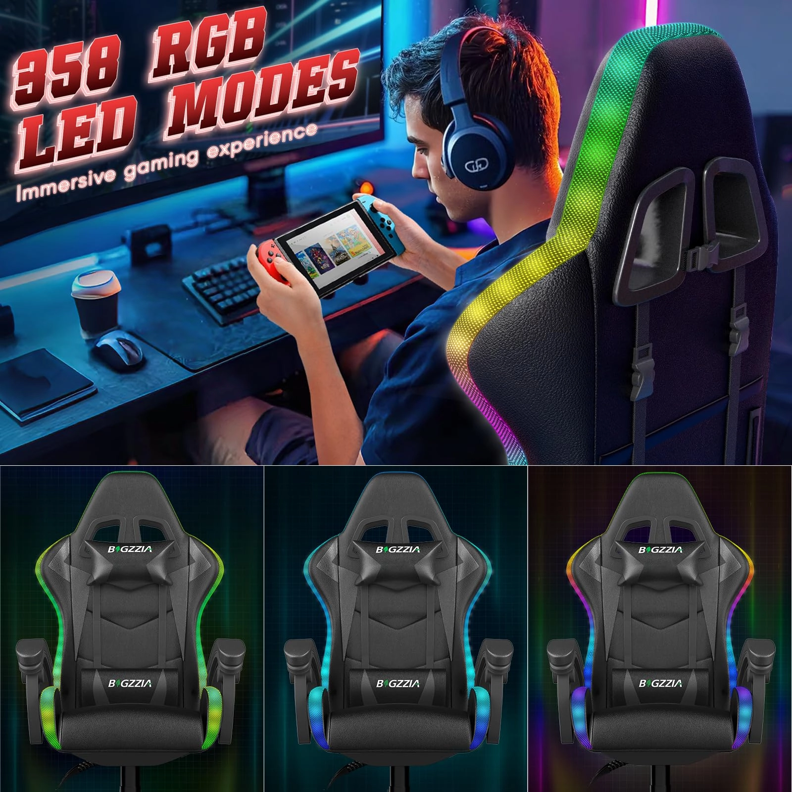 white LED gaming chair - RGB Reclining PU Leather