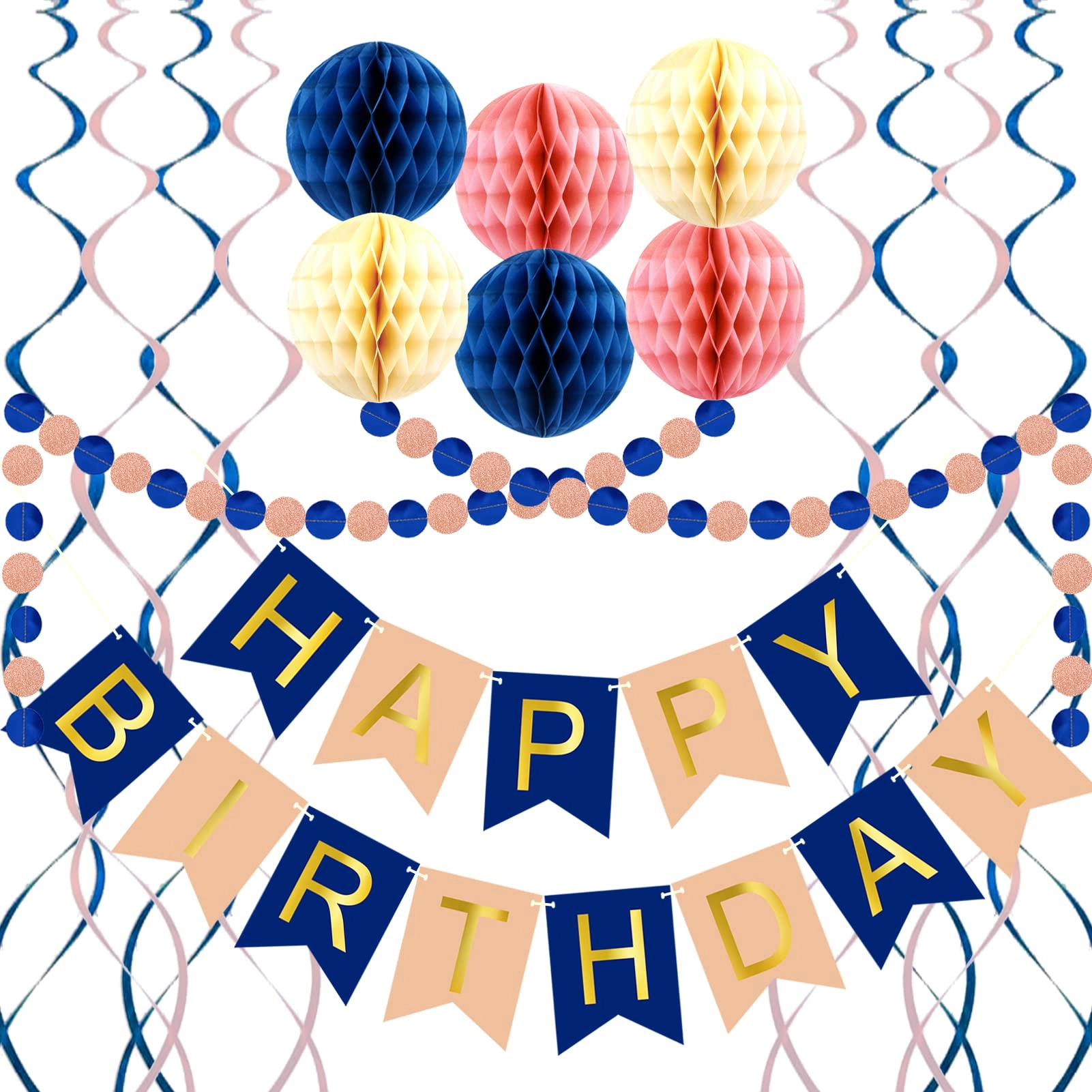 allfun Happy Birthday Banner - 1 x happy birthday banner 6 x paper honeycomb balls 1 x colorful circle paper garland 8 x metallic hanging swirls Birthday