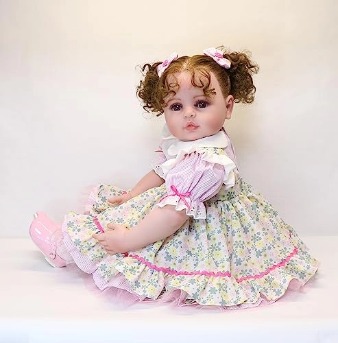 Reborn Baby Doll - 24 inch 61cm Soft Vinyl Brown Curly Hair Ages 14+