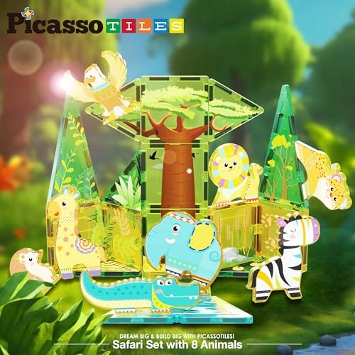 Magnet Tile Building Blocks Safari Themed Playset - 8 Animal Character Action Figures Safari 26 pcs