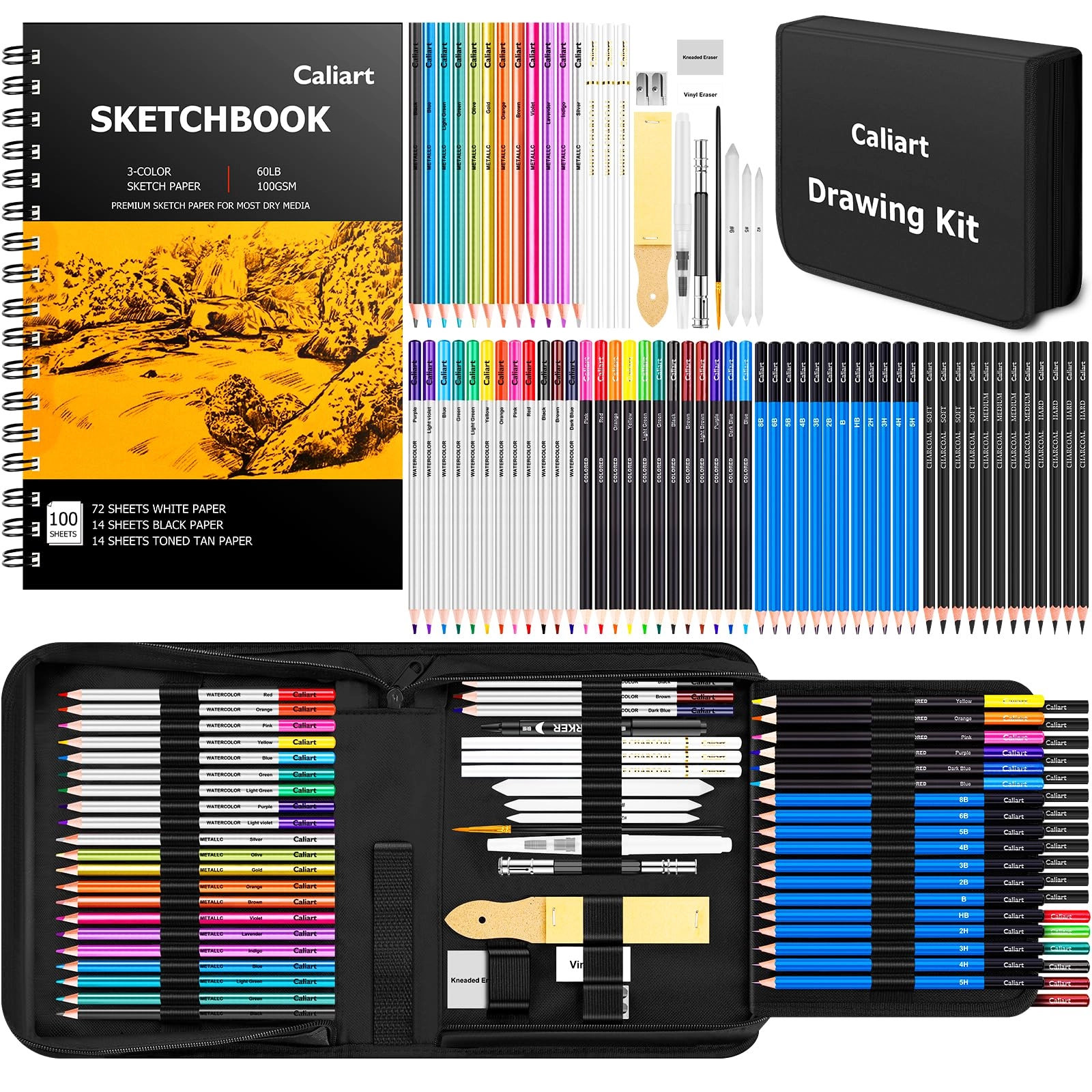 Art Supplies Sketching Kit - 176PCS Graphite Colored Charcoal Watercolor & Metallic Pencils