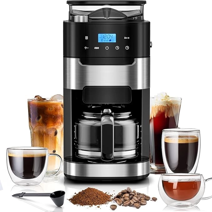 Kismile 10-Cup Digital Drip - 1.5L Built-in Grinder 12-Hour Timer