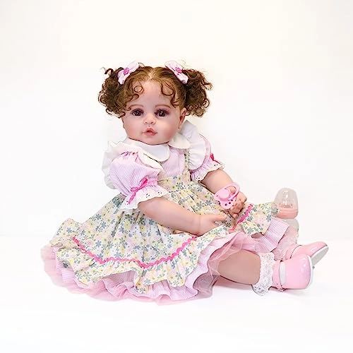 Reborn Baby Doll - 24 inch 61cm Soft Vinyl Brown Curly Hair Ages 14+