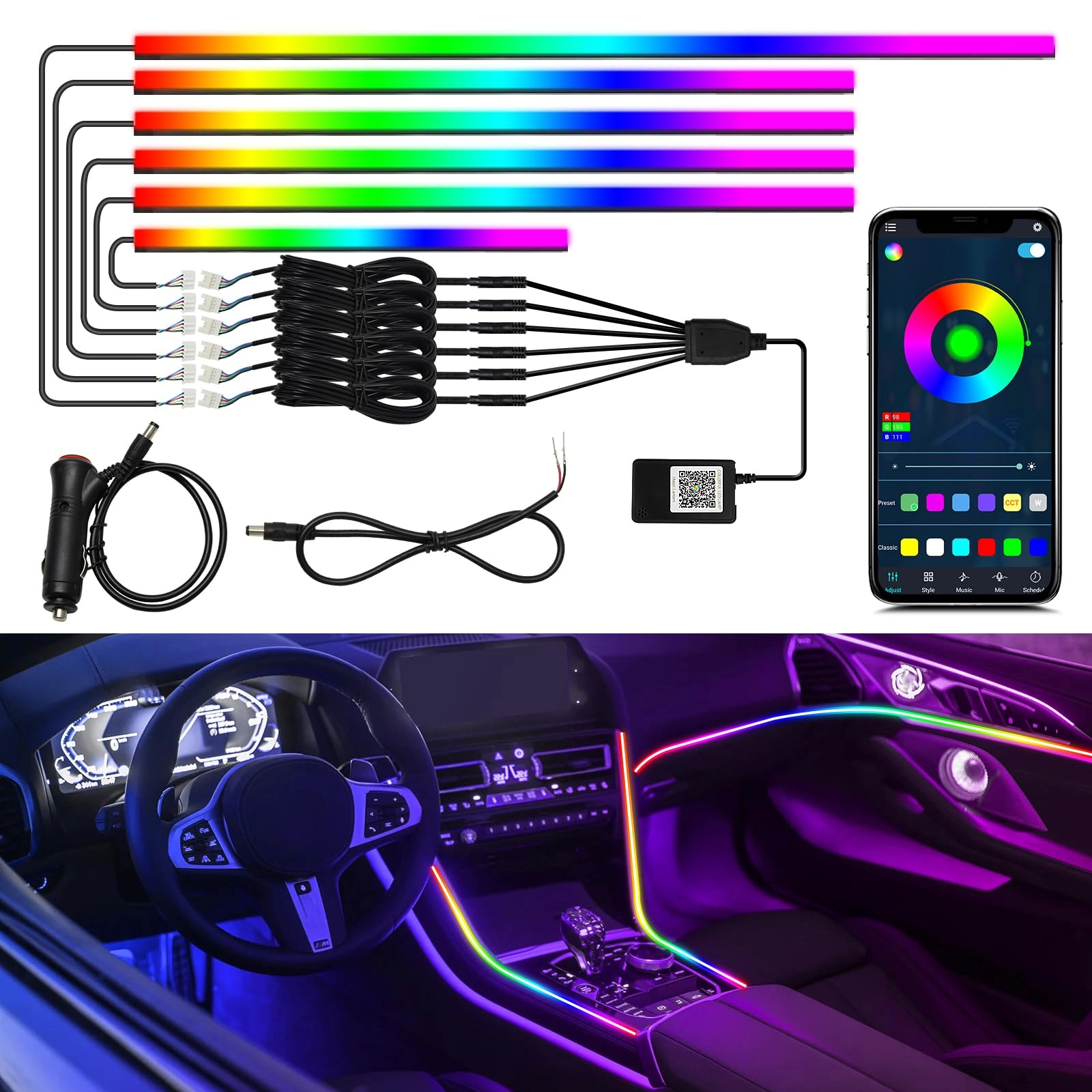 WEBUPAR Acrylic Ambient Lighting Car Lights - RGB 593 LEDs APP Control