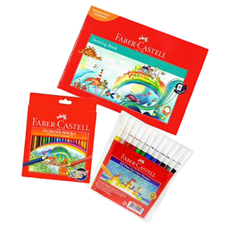 Faber-Castell Drawing Book - A4 120 sheets + Color Pen - Washable Fibre Tip 12 colours + Pencils - 24 colours